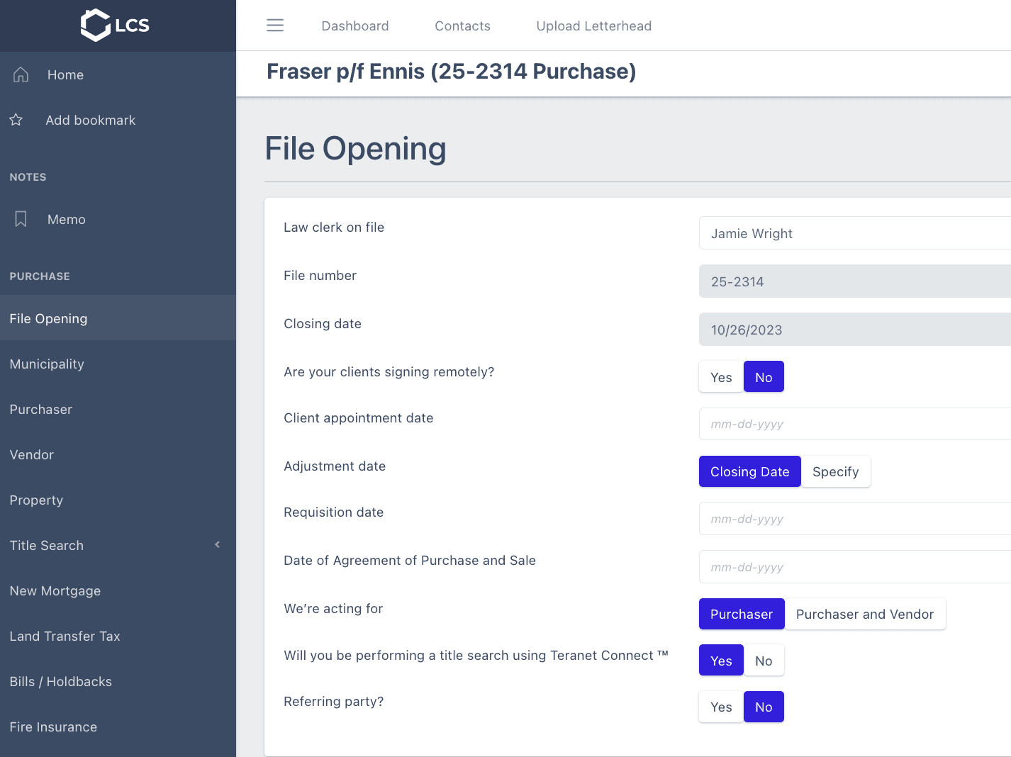 The File Opening page of a purchase file in LCS, with the closing date, client signing options, and title search settings