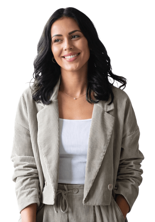 A smiling law clerk in a linen blazer